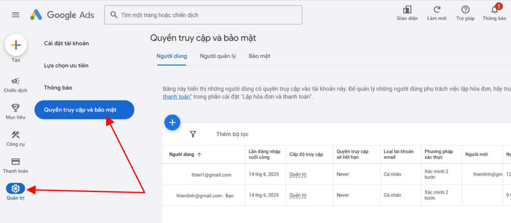 2. Chia se quyen truy cap Google Ads Vao quan tri roi click vao truy cap bao mat