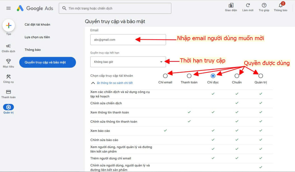 4. Chia se quyen truy cap Google Ads Nhap Email va cac quyen
